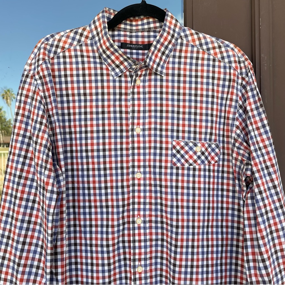 JOHNNYLOVE Red/Blue/Black Plaid Dress Shirt XL